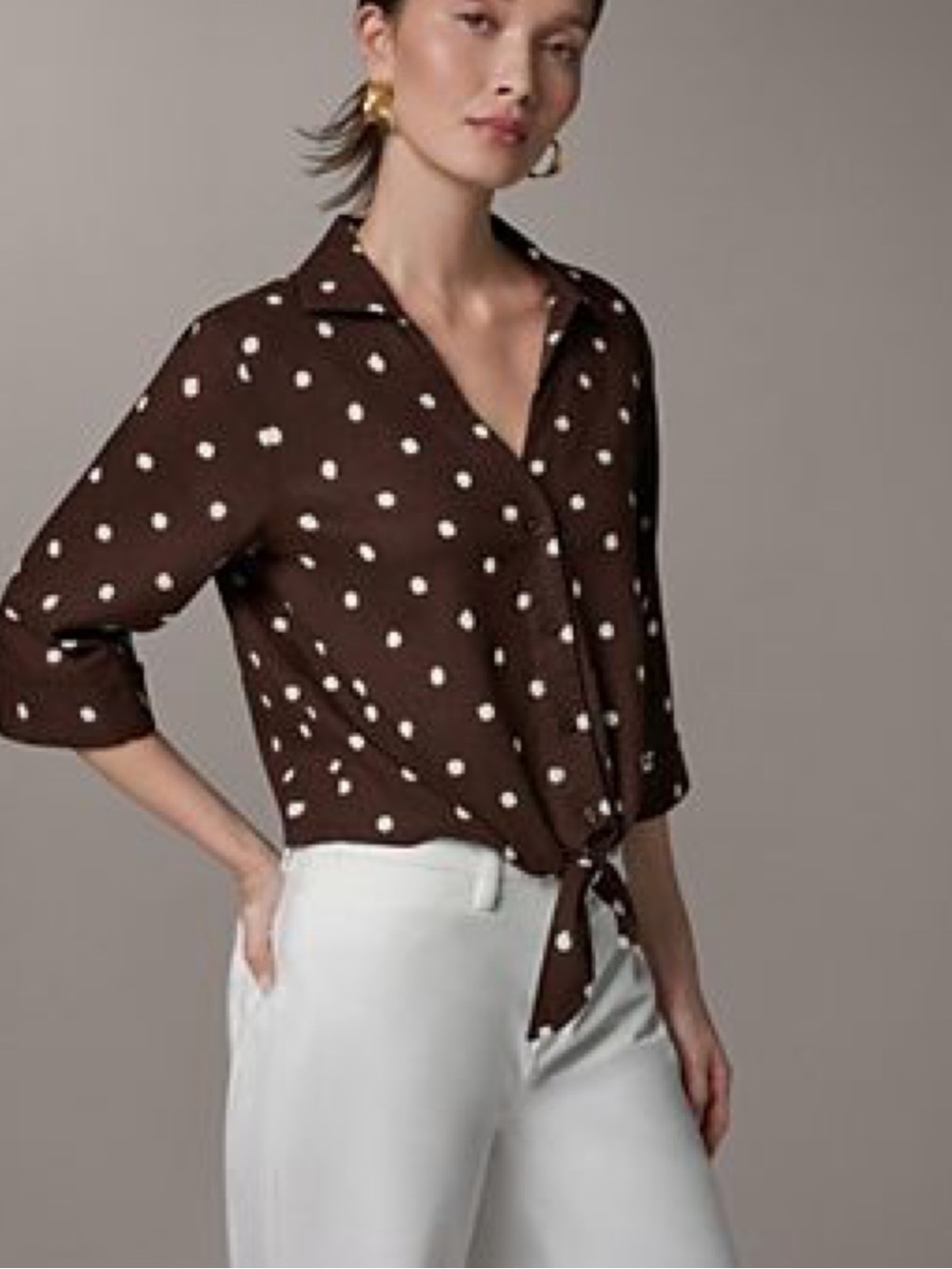 Donna Karan Brown Polka Dot Tie-Front Button Down Shirt